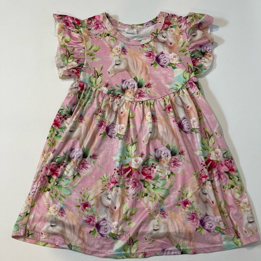 Boutique Brand. SO Soft! Size 4 Toddler Girl Dress. Pink Floral & Unicorns